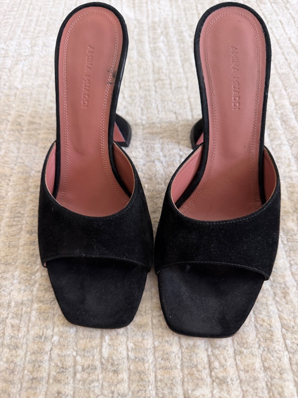 Amina Muaddi Black Suede Open-Toe Slide Sandals